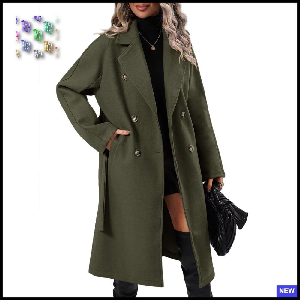 Elegant Wool Pea Coat Double Breasted Fitted Winter Overcoat with Belt